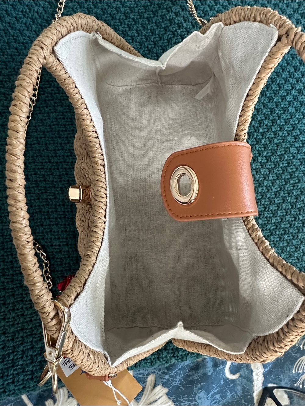 Tommy Bahama Woven Straw Satchel with Gold Chain and Red Beaded Charm - Picture 5 of 7